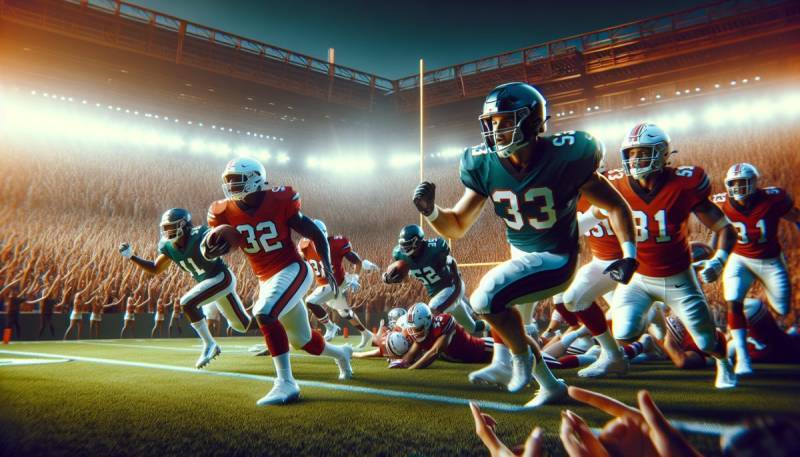 A thrilling action shot of the Super Bowl LIX game, capturing the intensity of the players on the field under stadium lights.