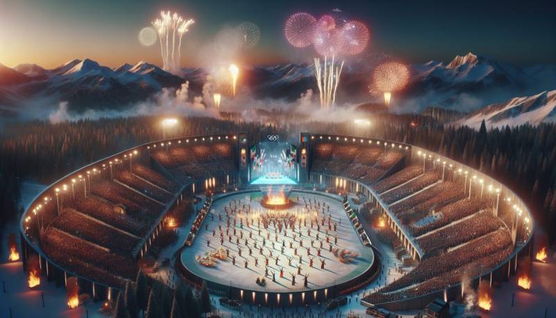 A panoramic view of the Winter Olympics 2026 opening ceremony in Milan-Cortina, showcasing dazzling performances and lighting.